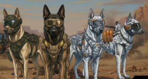 Warhound Raises $200 Million for Military Working Dogs Illustrated dogs in goggles and tactical vests stand in a desert, including a tan vest labeled K9 UNIT