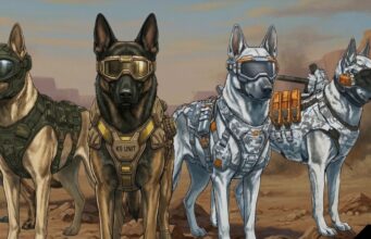 Warhound Raises $200 Million for Military Working Dogs Illustrated dogs in goggles and tactical vests stand in a desert, including a tan vest labeled K9 UNIT