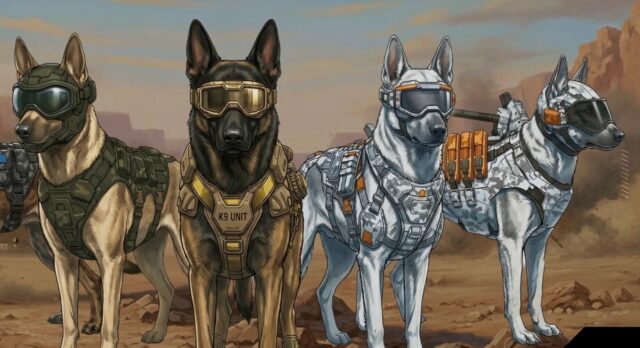 tmm-warhound-concept-dogs Illustrated dogs in goggles and tactical vests stand in a desert, including a tan vest labeled K9 UNIT