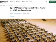 Screenshot of the Wikimedia Foundation statement titled OpenAI rogue agent activities found on Wikimedia projects, with a photo of rows of small robots