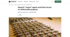 Screenshot of the Wikimedia Foundation statement titled OpenAI rogue agent activities found on Wikimedia projects, with a photo of rows of small robots