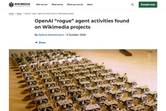 Screenshot of the Wikimedia Foundation statement titled OpenAI rogue agent activities found on Wikimedia projects, with a photo of rows of small robots
