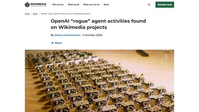 Screenshot of the Wikimedia Foundation statement titled OpenAI rogue agent activities found on Wikimedia projects, with a photo of rows of small robots