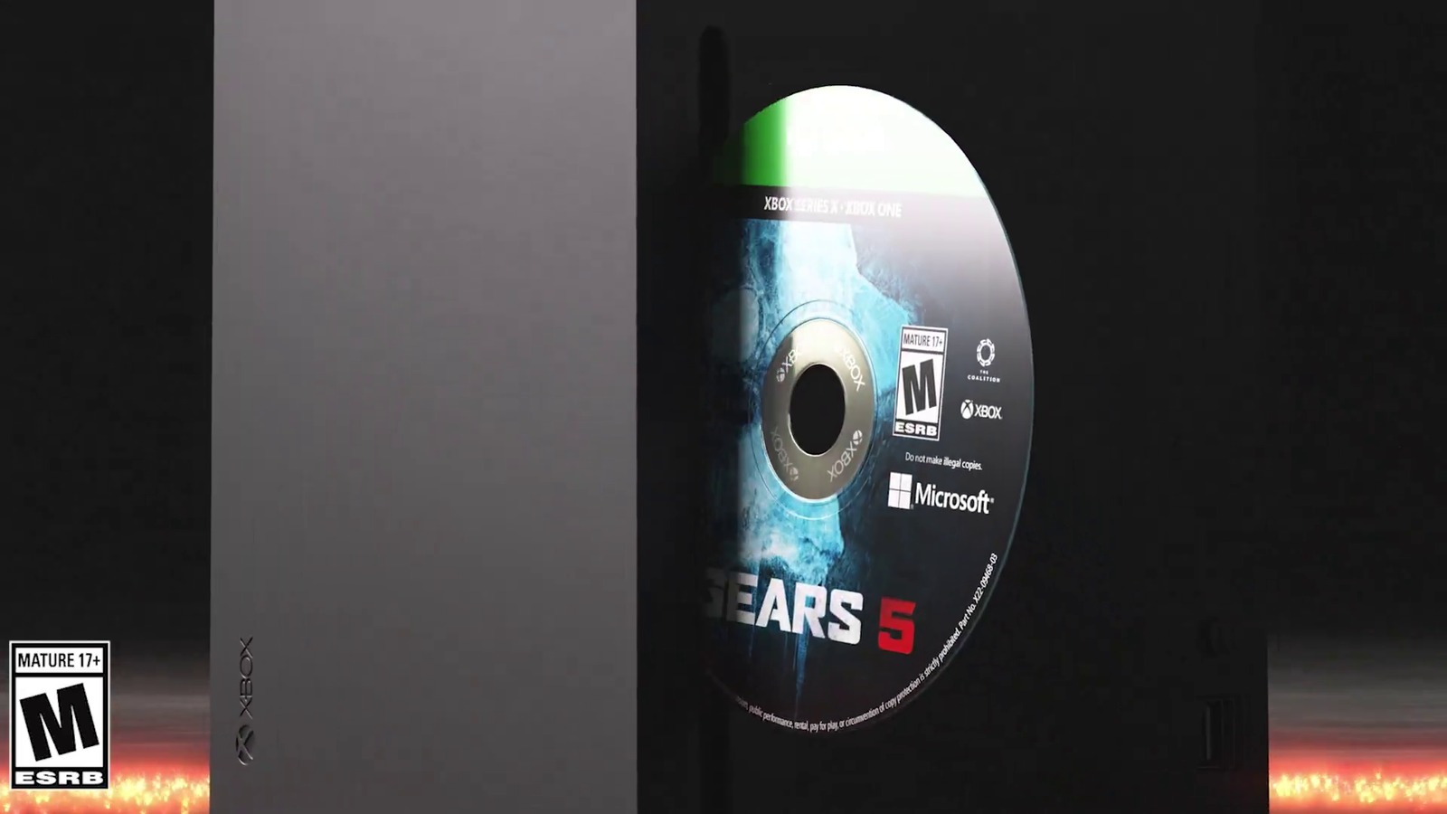 Gears 5 physical Xbox Series X and Xbox One disc inserting into an Xbox Series X optical drive