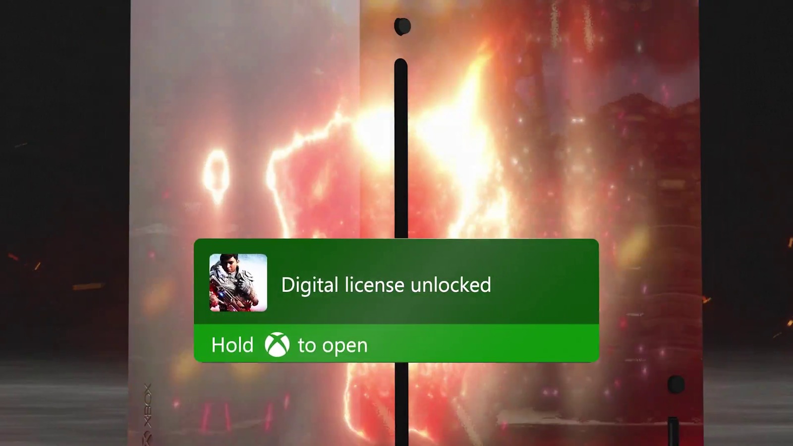 Xbox console notification banner showing Digital license unlocked for Gears 5