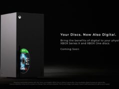 Xbox Series X console with a Gears 5 game disc and official Your Discs Now Also Digital headline