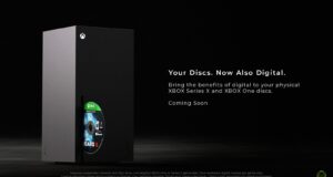 Xbox Series X console with a Gears 5 game disc and official Your Discs Now Also Digital headline