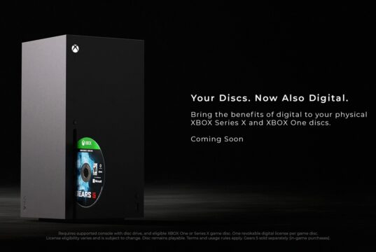 Xbox Series X console with a Gears 5 game disc and official Your Discs Now Also Digital headline