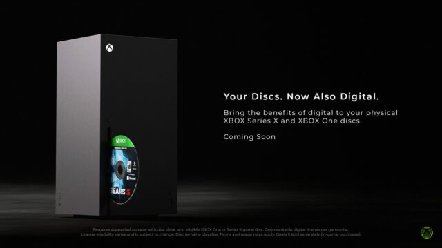 Xbox Series X console with a Gears 5 game disc and official Your Discs Now Also Digital headline