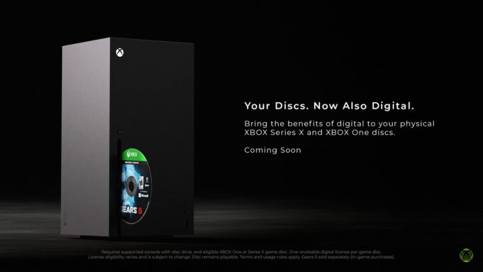 Xbox Disc-to-Digital Licensing Turns Your Physical Game Shelf Into a Digital Library Xbox Series X console with a Gears 5 game disc and official Your Discs Now Also Digital headline