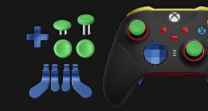 Current Xbox Elite Series 2 controller in black beside swappable green thumbsticks, a blue D-pad and blue paddles. Not the leaked controller.