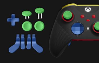 Current Xbox Elite Series 2 controller in black beside swappable green thumbsticks, a blue D-pad and blue paddles. Not the leaked controller.