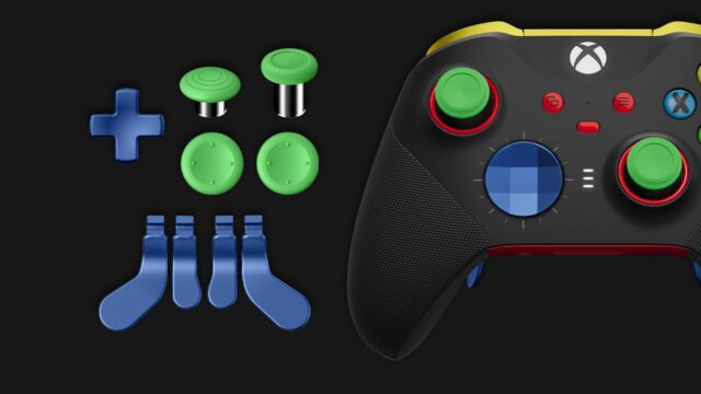 xbox-elite-series-2-controller-design-lab Current Xbox Elite Series 2 controller in black beside swappable green thumbsticks, a blue D-pad and blue paddles. Not the leaked controller.