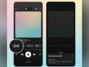 Two YouTube Music player mockups on phones: one shows an AI pill in the control row, the other a How this was made panel reading Made with AI