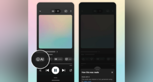 YouTube Music Is Rolling Out AI Music Labels Two YouTube Music player mockups on phones: one shows an AI pill in the control row, the other a How this was made panel reading Made with AI