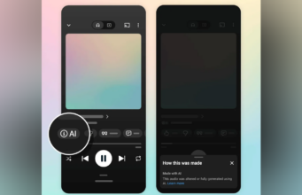 YouTube Music Is Rolling Out AI Music Labels Two YouTube Music player mockups on phones: one shows an AI pill in the control row, the other a How this was made panel reading Made with AI