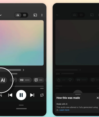 YouTube Music Is Rolling Out AI Music Labels Two YouTube Music player mockups on phones: one shows an AI pill in the control row, the other a How this was made panel reading Made with AI