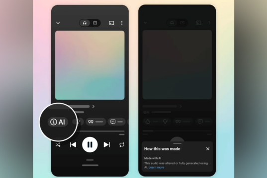 Two YouTube Music player mockups on phones: one shows an AI pill in the control row, the other a How this was made panel reading Made with AI