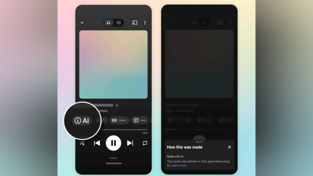 youtube-music-ai-labels-featured-1600x900-1 Two YouTube Music player mockups on phones: one shows an AI pill in the control row, the other a How this was made panel reading Made with AI